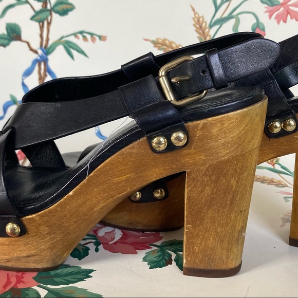 Coach Strappy Black Leather Platform Wooden Clogs - Picture 7 of 9